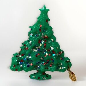 VTG Green Plastic Christmas Tree Glitter Brooch Pin ~ Catholic Miraculous Medal